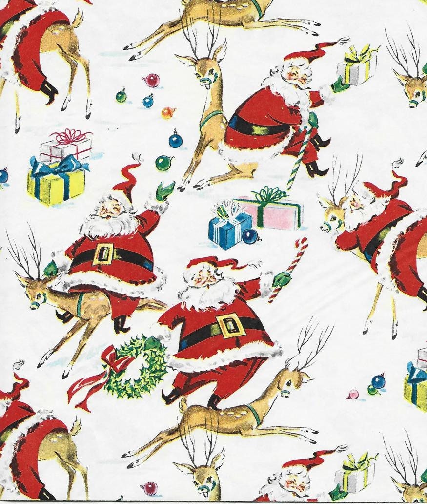 Vintage Christmas Wrapping Paper/Tissue Paper Santa Claus Sleigh Tree House  Candy Canes on White One Flat Sheet Vintage Christmas Gift Wrap