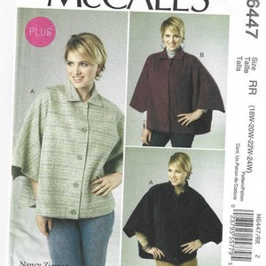 May include: A sewing pattern for a plus size cape with three different styles. The pattern is from McCall's and is size RR (18W-20W-22W-24W).