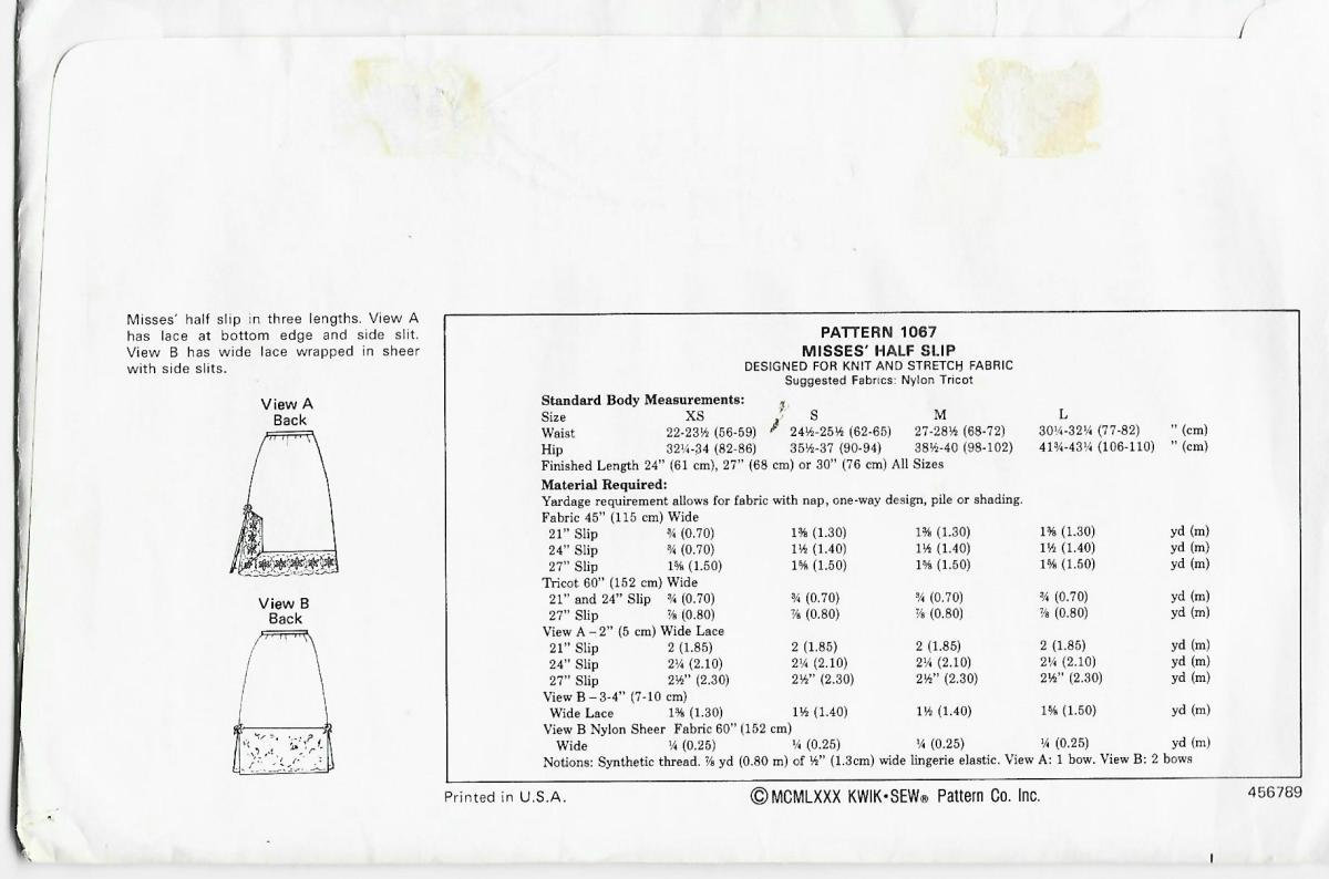 1980s Lingerie Misses' Half Slips in Three Lengths Kwik Sew 1980s Lingerie Misses' Half Slips in Three Lengths Kwik Sew