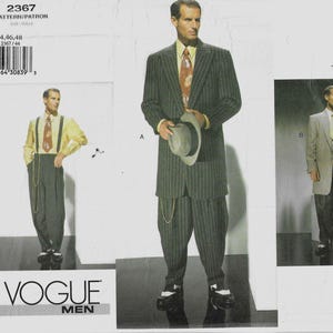 May include: A Vogue Men sewing pattern envelope 2367 featuring illustrations of tailored clothing. The designs include a pinstriped suit with a fedora, a yellow shirt with suspenders and trousers, and a light-colored blazer with dark trousers.