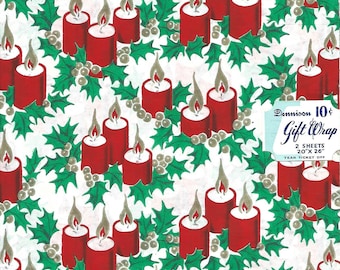 Vintage Christmas Wrapping Paper/tissue Paper Ca. 1940s Merry Christmas  Happy New Year Red Candles Vintage Christmas Gift Wrap 