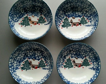 Cabin in the Snow Tienshan Folkcraft Spongeware Set of Four Cereal Bowls Christmas Dishes Christmas Decor Christmas Table