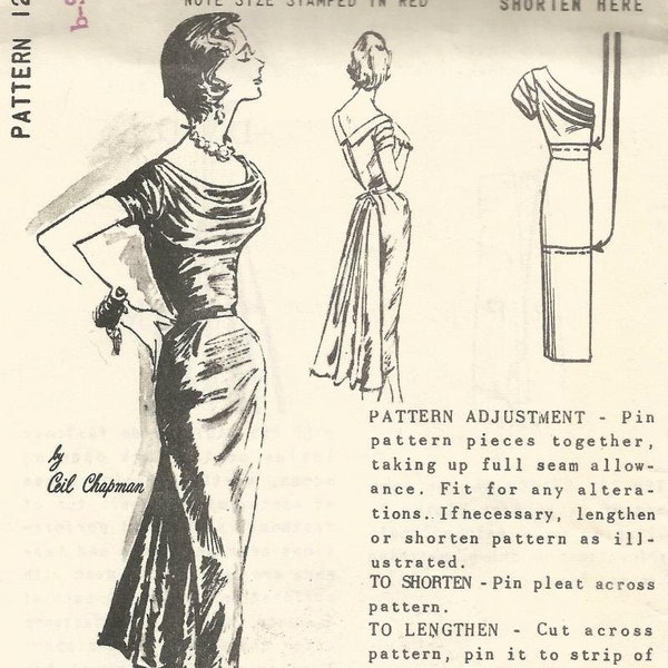 1950s Ceil Chapman Cocktail Dinner Dress American Designer Spadea 1251 Unused FF Draped Neck Fan Drape Back Women's Vintage Sewing Pattern