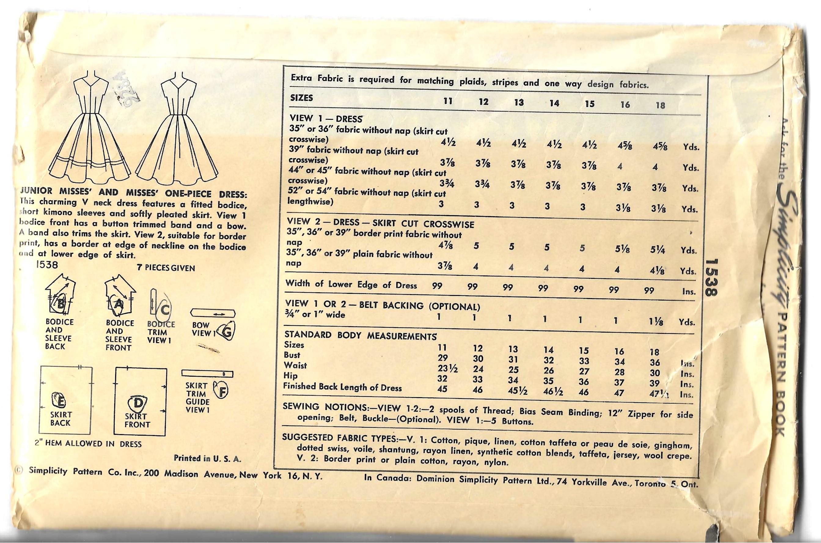 Simplicity 1538 1950s Misses' Dress Full Skirt V Neck Kimono Sleeves ...