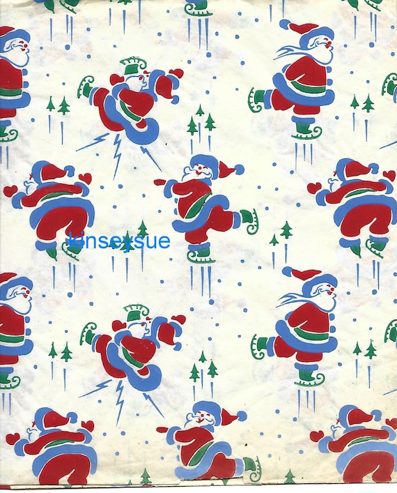 1940s Vintage Christmas Wrapping Paper/Tissue Paper Skating Santa Claus  Lithographed? One Flat Sheet Vintage Christmas Gift Wrap