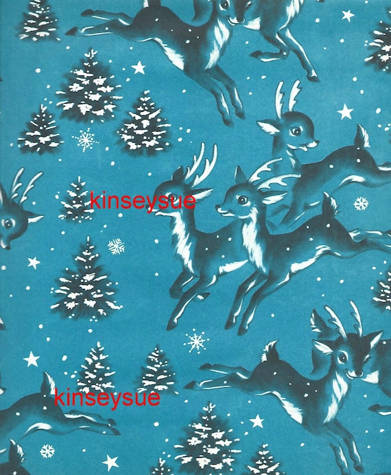 Vintage Christmas Wrapping Paper Cute Baby Deer Blue Deer on Blue One Flat  Sheet Vintage Christmas Gift Wrap
