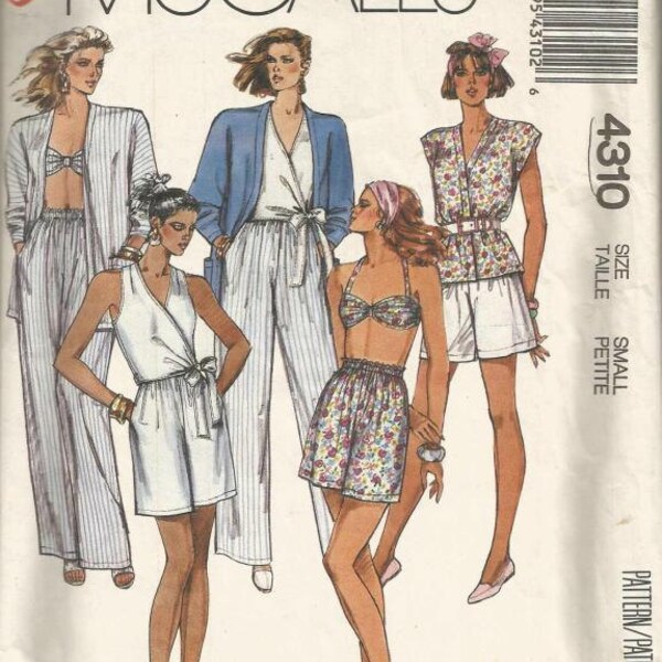 1980s Wrap Top Bra Top Pants Shorts Jacket Summer Wardrobe Beach Cruise Resort McCalls 4310 Uncut Sz Small Bust 32-34 Vintage Sewing Pattern