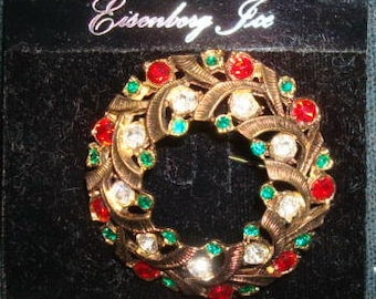 Vintage Signed Eisenberg Ice Christmas Wreath Pin New Old Stock on Original Card Vintage Brooch Vintage Christmas Pin Vintage Jewelry