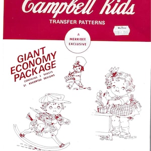 May include: A red and white Campbell Kids transfer pattern package. The package features illustrations of Campbell Kids characters and text that reads "Giant Economy Package" and "May Be Used For Embroidery Or Painting."