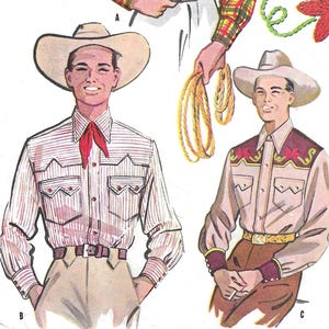 May include: Illustration of a cowboy wearing a light-colored cowboy hat and a striped shirt with a red necktie. The shirt has pockets and decorative stitching. The cowboy is wearing tan pants and a brown belt.