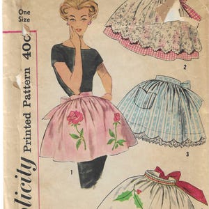 Simplicity 3706 1950s Half Aprons One Size Four Styles Plus Unused Applique Women&#39;s Vintage Sewing Pattern