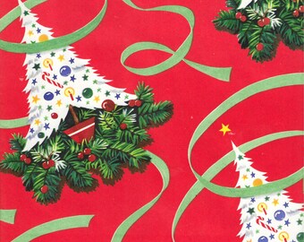 Vintage Christmas Wrapping Paper White Christmas Trees Pine Leaves Berries Green Ribbon ca. 1960s One Flat Sheet Vintage Christmas Gift Wrap