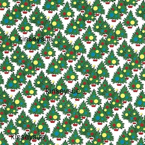 May include: A repeating pattern of green Christmas trees with red, yellow, and blue ornaments in red pots on a white background. The text "kinseysue" is repeated throughout the image.
