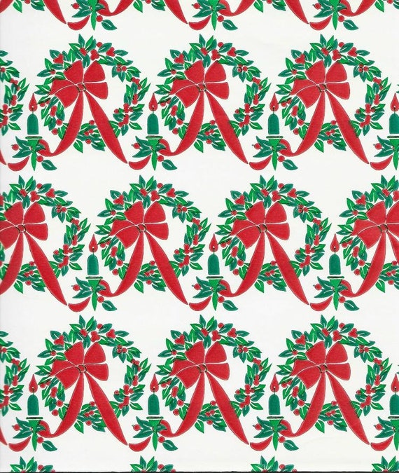 Two Flat Sheets Vintage Christmas Wrapping Paper Dennison Red Christmas  Candles Holly on White Original Price Tag Vintage Christmas Wrap