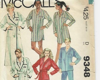 1980s Robe & Nightshirt in 2 Lengths Pajamas Tie Belt Embroidery Transfer McCall's 9343 UNCUT FF Bust 32.5-34 Women's Vintage Sewing Pattern