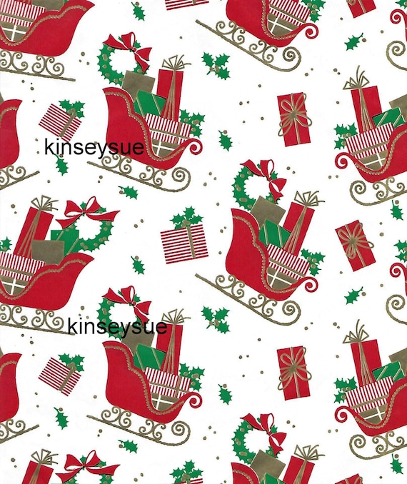 Vintage Christmas Wrapping Paper Red Sleighs Presents on White from Whitman  One Flat Sheet Vintage Christmas Gift Wrap