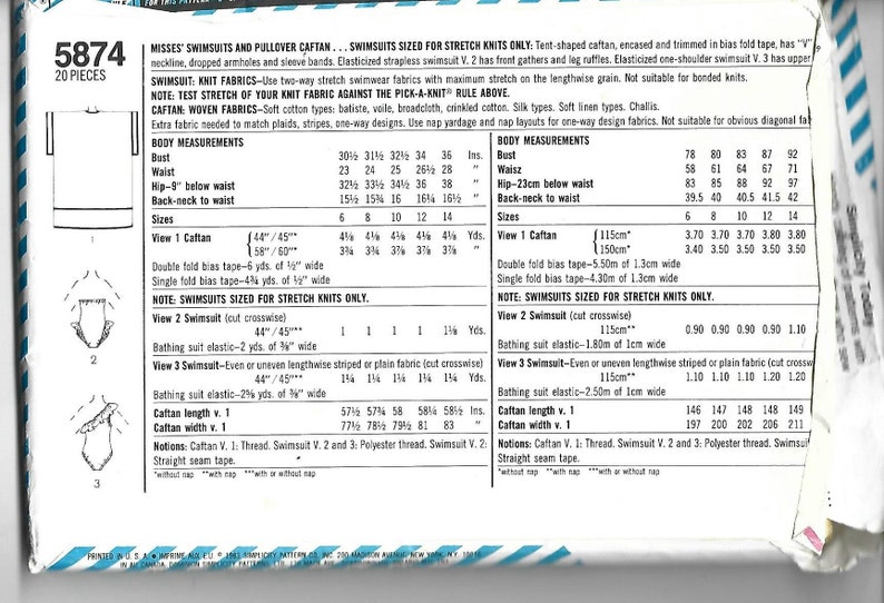 May include: A sewing pattern for a caftan and two swimsuit styles. The pattern includes instructions and measurements for sizes 6-14. The pattern is for stretch knit fabrics only.