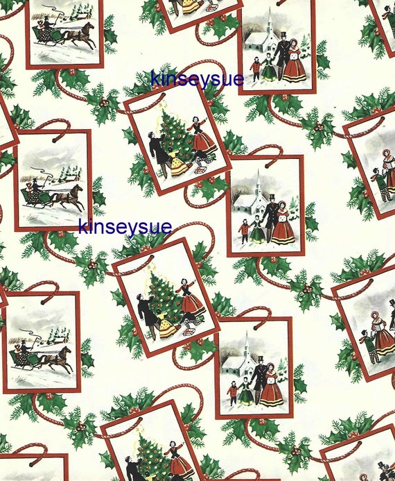 Vintage Christmas Wrapping Paper Ben Mont Victorian Cards on White Holly &  Berries One Flat Sheet Vintage Christmas Gift Wrap