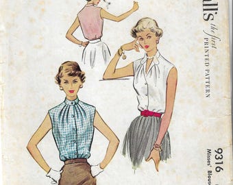 McCall's 9316 1950s Misses' Sleeveless Blouses Bust 32 Women's Vintage Sewing Pattern