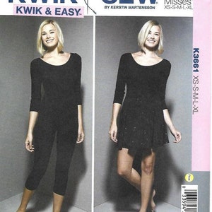 May include: A sewing pattern for a black top and leggings. The pattern is called "Kwik Sew" and is for misses sizes XS-S-M-L-XL. The pattern number is K3661.