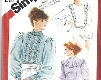 1980s Romantic Blouses Long Sleeves Back Button Neckline Variations Simplicity 5484 UNCUT FF Bust 34 Women's Vintage Sewing Pattern