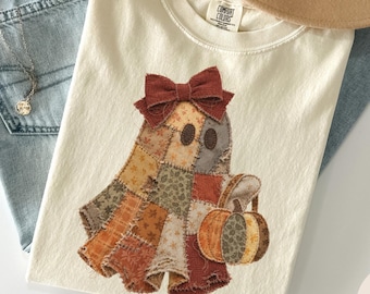 Faux Patchwork Ghost Halloween Shirt, Cute Ghost T-Shirt, Vintage Pumpkin Fall Tee, Spooky Season Comfort Colors Shirt