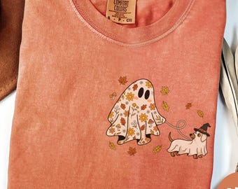 Ghost Walking Dachshund Shirt, Cute Halloween Ghost Tee, Floral Ghost Dog Shirt, Comfort Colors Halloween Shirt, Fall Spooky Season Tee