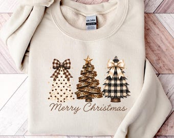 Leopard Christmas Tree Sweatshirt, Merry Christmas Sweatshirt, Plaid Christmas Tree Shirt, Coquette Bow Holiday Sweater, Christmas Gift