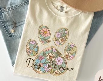 Dog Mama Shirt Comfort Colors, Boho Floral Dog Paw Tee, Vintage Dog Mom T-Shirt, Cute Pet Lover Gift, Aesthetic Puppy Shirt, Dog Lover Gift