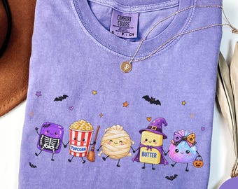 Cute Halloween Shirt, Comfort Colors® Spooky Snacks Tee, Halloween Movie Night Shirt, Cute Mummy Popcorn Shirt, Spooky Season T-Shirt