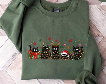 Black Cat Christmas Sweatshirt, Christmas Cat Sweatshirt, Cute Holiday Cat Sweater, Christmas Lights Cat, Cat Lover Gift