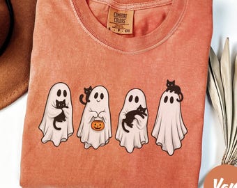 Comfort Colors® Ghost And Cat T-Shirt, Halloween Ghost Shirt, Halloween Cat Shirt, Cat Lower Halloween Gift, Spooky Season Cat Shirt