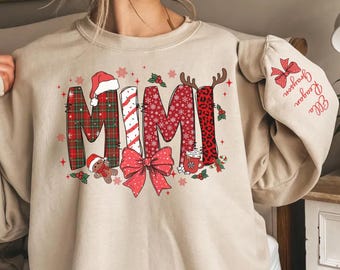 Personalized Mimi Christmas Sweatshirt, Grandkids Names on Sleeve, Custom Mimi Crewneck, Christmas Gift for Mimi, Grandma Holiday Sweater