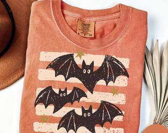 Comfort Colors Halloween Bats Stripes Shirt, Distressed Spooky Season Tee, Trendy Fall Graphic T-Shirt, Gothic Bat Shirt,Cozy Halloween Gift