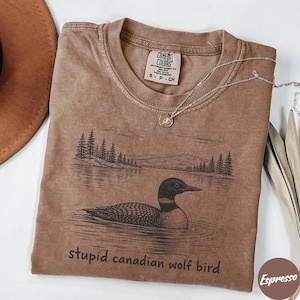 May include: Espresso-colored t-shirt with a graphic of a loon on a lake, with trees and mountains in the background. The text "stupid canadian wolf bird" is printed below the graphic. A silver necklace is draped across the shirt.