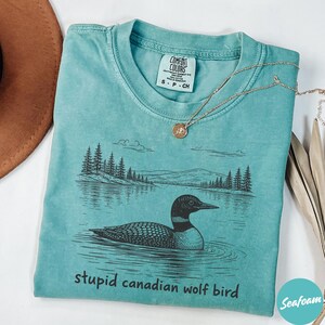 May include: Seafoam green t-shirt with a graphic of a loon on a lake, with trees and mountains in the background. The text "stupid canadian wolf bird" is printed below the graphic. The shirt has a Comfort Colors tag.