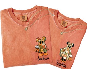 Comfort Colors® Fall Patchwork Mickey Minnie Ghost Halloween Shirt, Personalized Trick or Treat Shirt, Custom Name Autumn Disney Tee