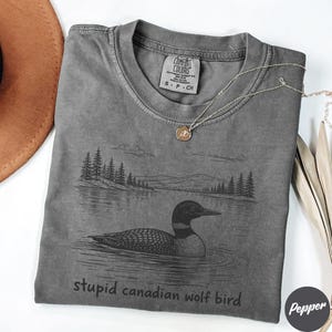 May include: Gray Comfort Colors t-shirt with a graphic of a loon on a lake, with trees and mountains in the background. The text "stupid canadian wolf bird" is printed below the graphic. A silver necklace is draped across the shirt.