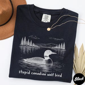 May include: Black t-shirt with a white graphic of a loon on a lake, with trees and mountains in the background. The text "stupid canadian wolf bird" is below the graphic. A gold necklace and a brown hat are also visible.