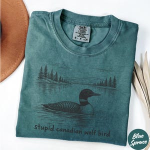 May include: Teal Comfort Colors t-shirt with a graphic of a loon on a lake, trees, and the text "stupid canadian wolf bird". The shirt has a crew neck and a small tag that says "Comfort Colors".