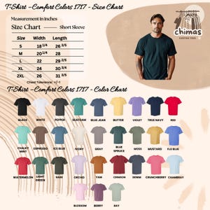 May include: A product image featuring a man wearing a dark green short-sleeve t-shirt. The image includes a size chart with measurements in inches and a color chart with various t-shirt colors, including black, white, and red. The text "chimas CUSTOM TEES" is also visible.