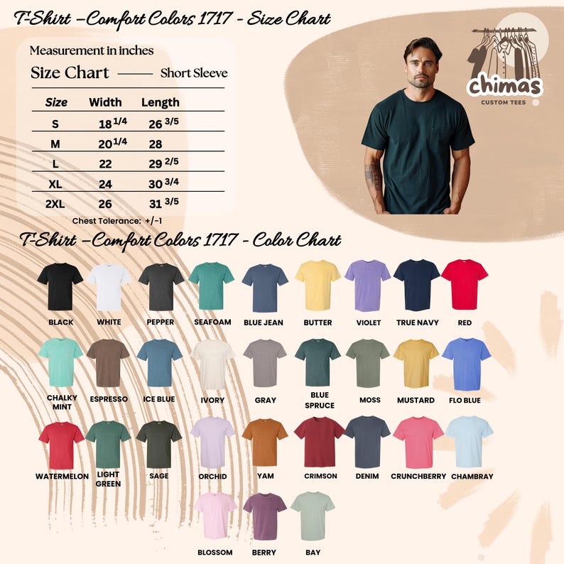May include: A product image featuring a man wearing a dark green short-sleeve t-shirt. The image includes a size chart with measurements in inches and a color chart with various t-shirt colors, including black, white, and red. The text "chimas CUSTOM TEES" is also visible.
