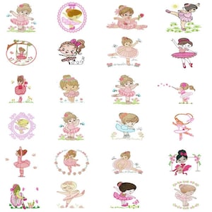 May include: A collection of embroidered patches featuring various cartoon ballerinas in pink tutus and ballet shoes. Each patch showcases a different pose and design, with some surrounded by floral or decorative frames. The patches are suitable for crafting or embellishing apparel.