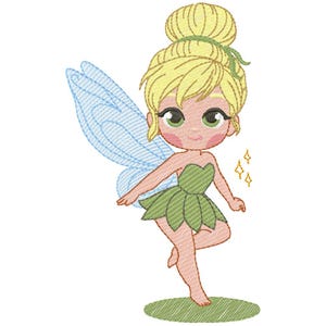 May include: An embroidered cartoon fairy with blonde hair in a bun, green eyes, and a green dress. The fairy has blue wings and is standing on a green oval. Gold sparkles are next to the fairy.