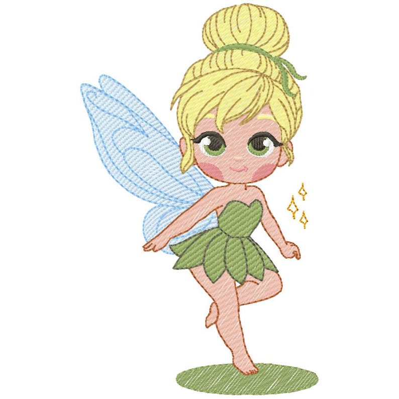 May include: An embroidered cartoon fairy with blonde hair in a bun, green eyes, and a green dress. The fairy has blue wings and is standing on a green oval. Gold sparkles are next to the fairy.