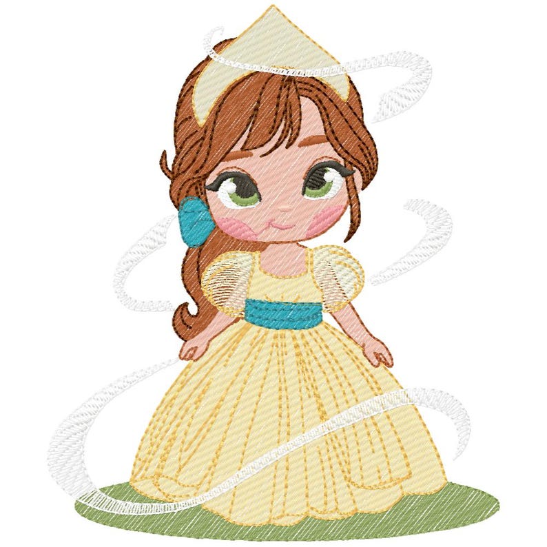 May include: A cartoon illustration of a princess with brown hair, green eyes, and rosy cheeks. She wears a yellow dress with a blue sash and a gold crown. White swirls surround her, and she stands on a green base.