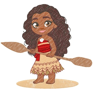 May include: A cartoon illustration of a young girl with brown skin, brown curly hair, and brown eyes. She wears a red and white top, a tan skirt, and holds a wooden paddle. The image has a stitched embroidery style.