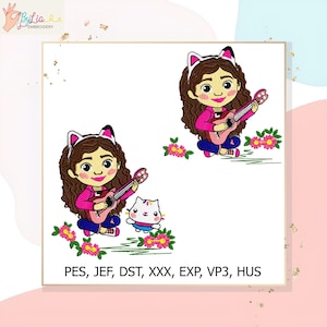 May include: An embroidery design featuring a cartoon girl with brown curly hair wearing a pink jacket and cat ears, playing a pink guitar. A white cat with a blue shirt is also present. The design is surrounded by pink flowers. Text at the bottom reads: PES, JEF, DST, XXX, EXP, VP3, HUS.