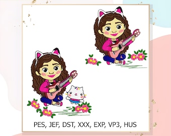 Cute Gabby’s with Guitar Embroidery Design | Cartoon Cat Ears Machine Embroidery File | pes, dst, exp, jef, vp3, hus, xxx