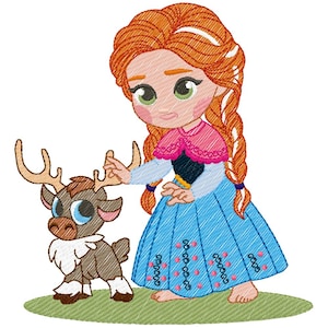 May include: An embroidered design of a cartoon character with red hair and a blue dress, alongside a reindeer. The character has a pink cape and green eyes. The reindeer is brown with large blue eyes and antlers.